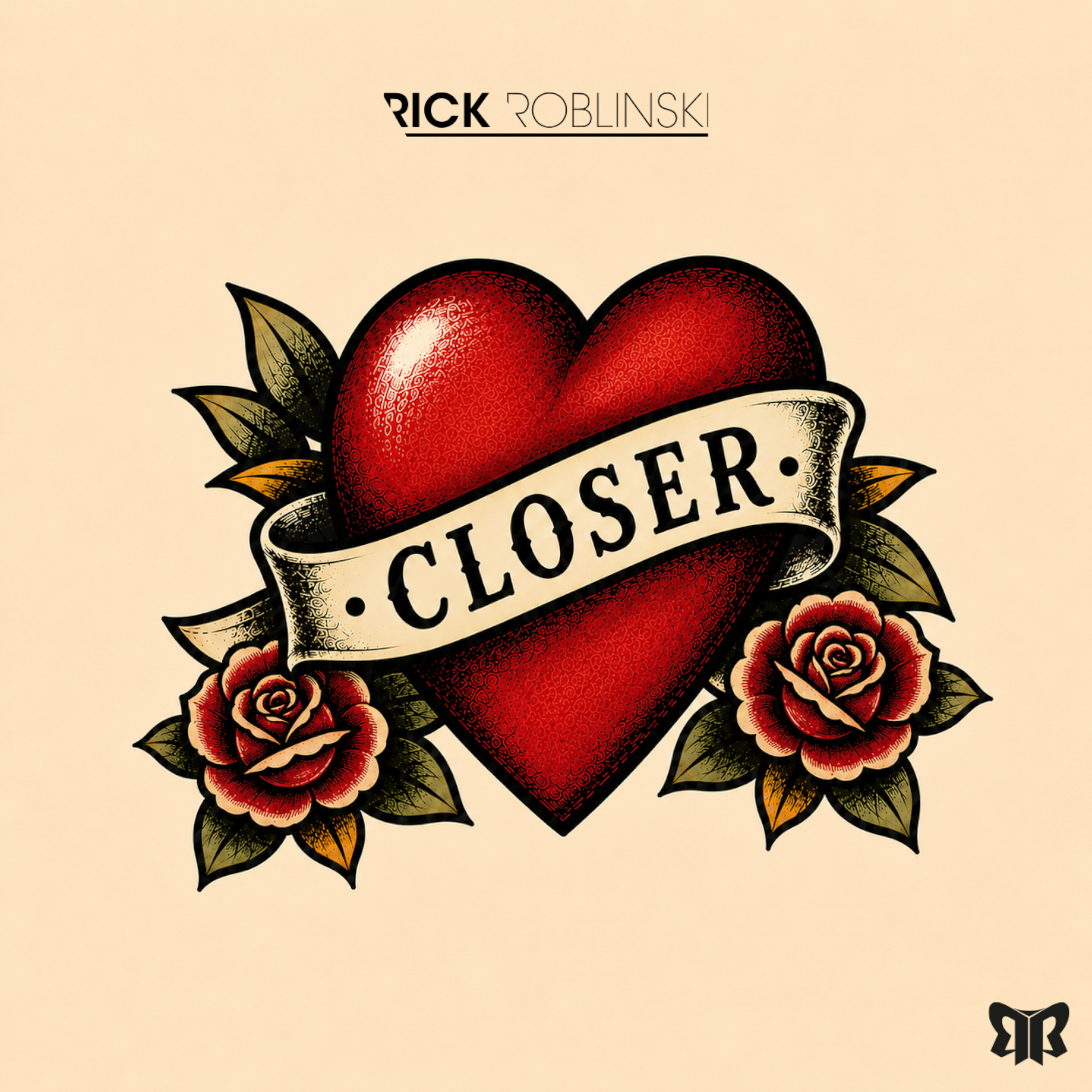 Vintage tattoo-style artwork for Closer, showing a heart wrapped in a banner and roses.