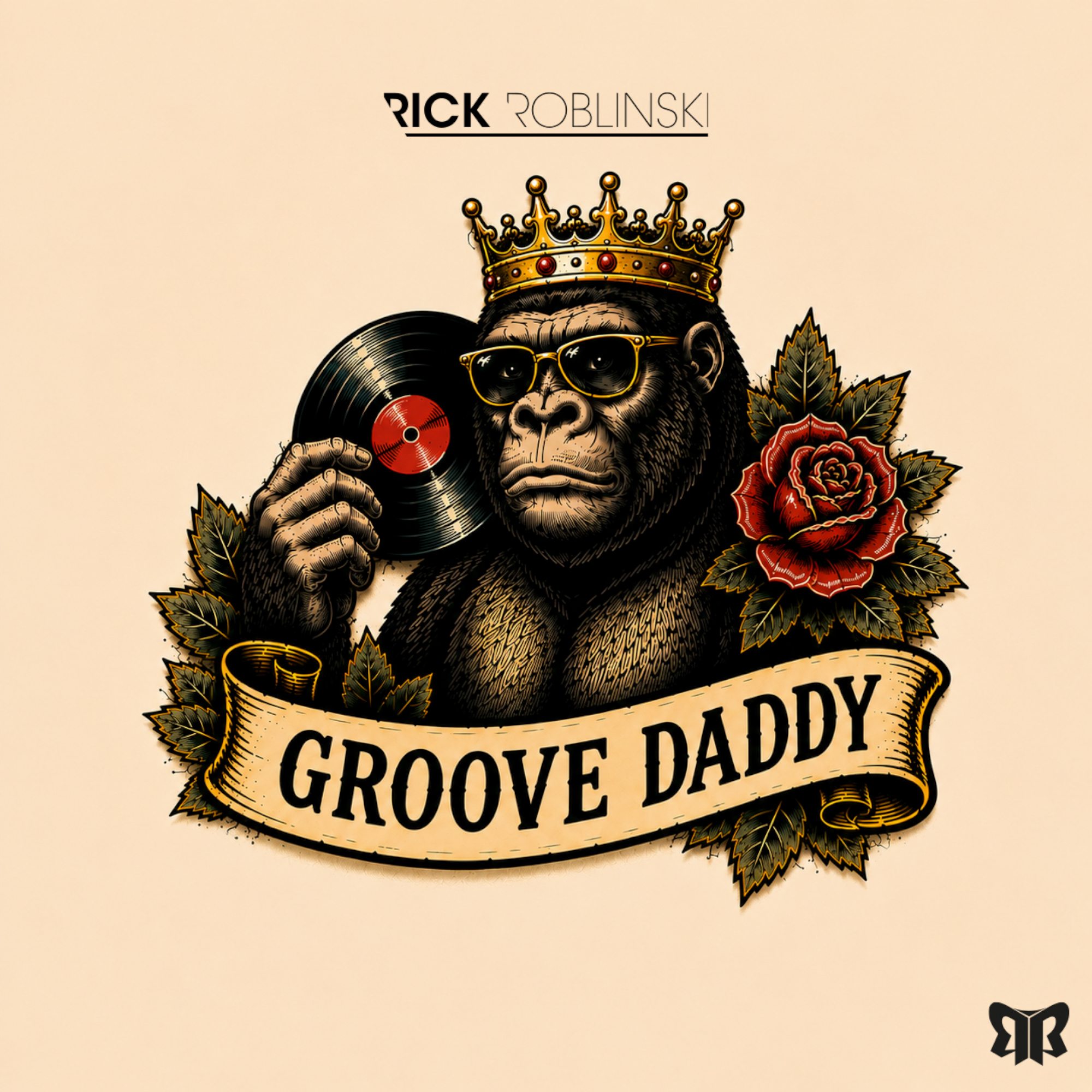 Vintage tattoo-style artwork for Groove Daddy, showing a crowned gorilla in sunglasses holding a vinyl record.