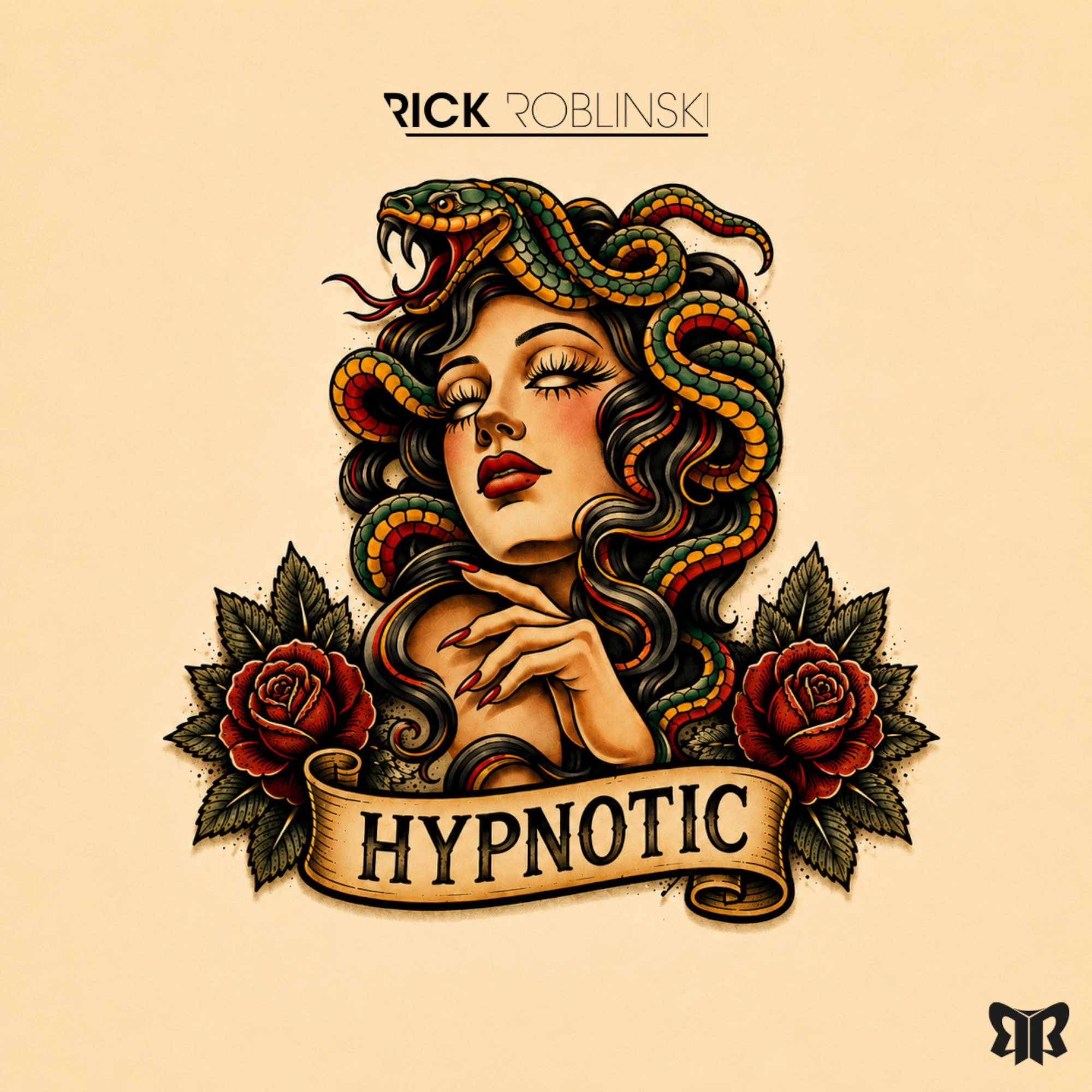 Vintage tattoo-style artwork for Hypnotic, showing a woman surrounded by snakes and roses.