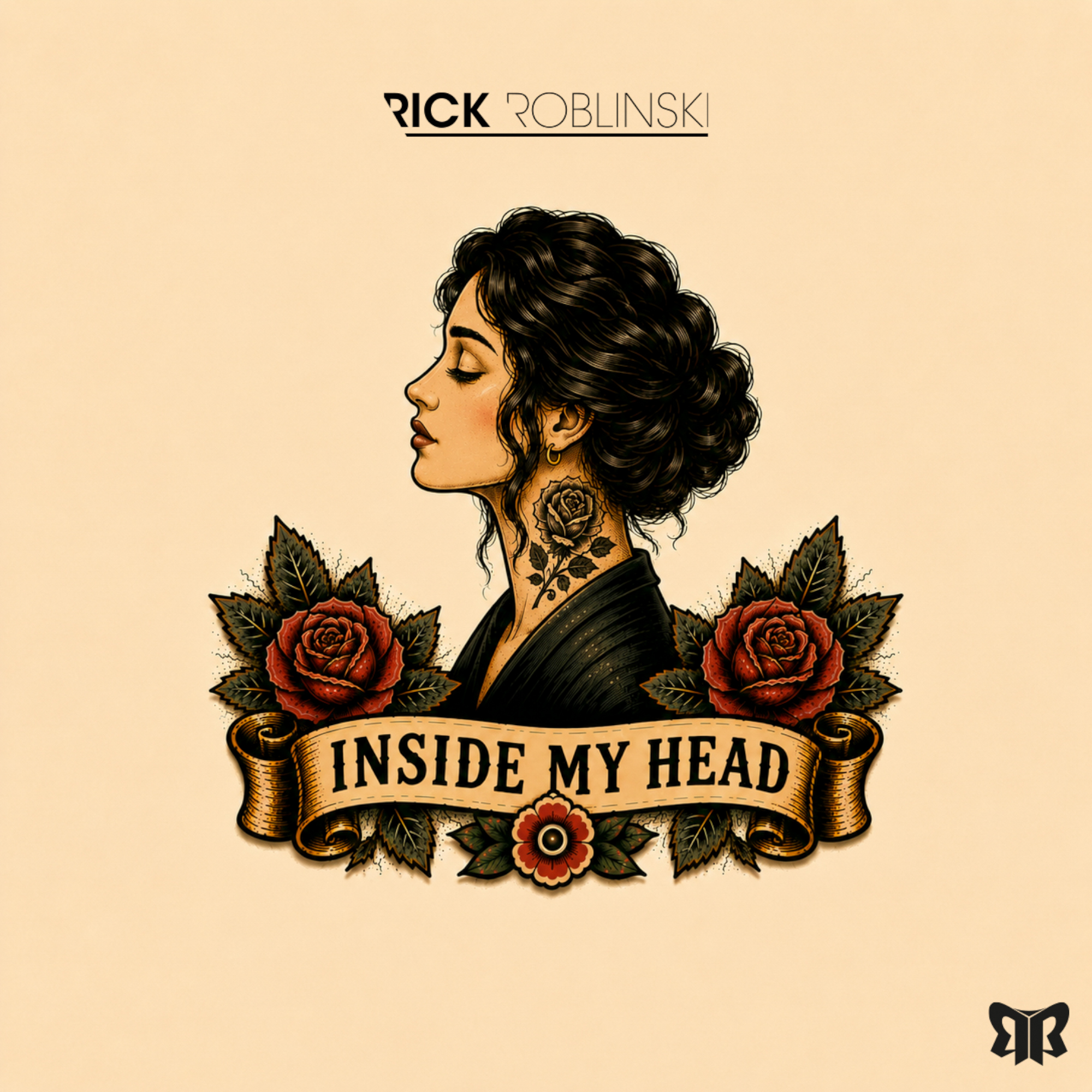 Vintage tattoo-style artwork for Inside My Head, showing a woman in profile with roses.