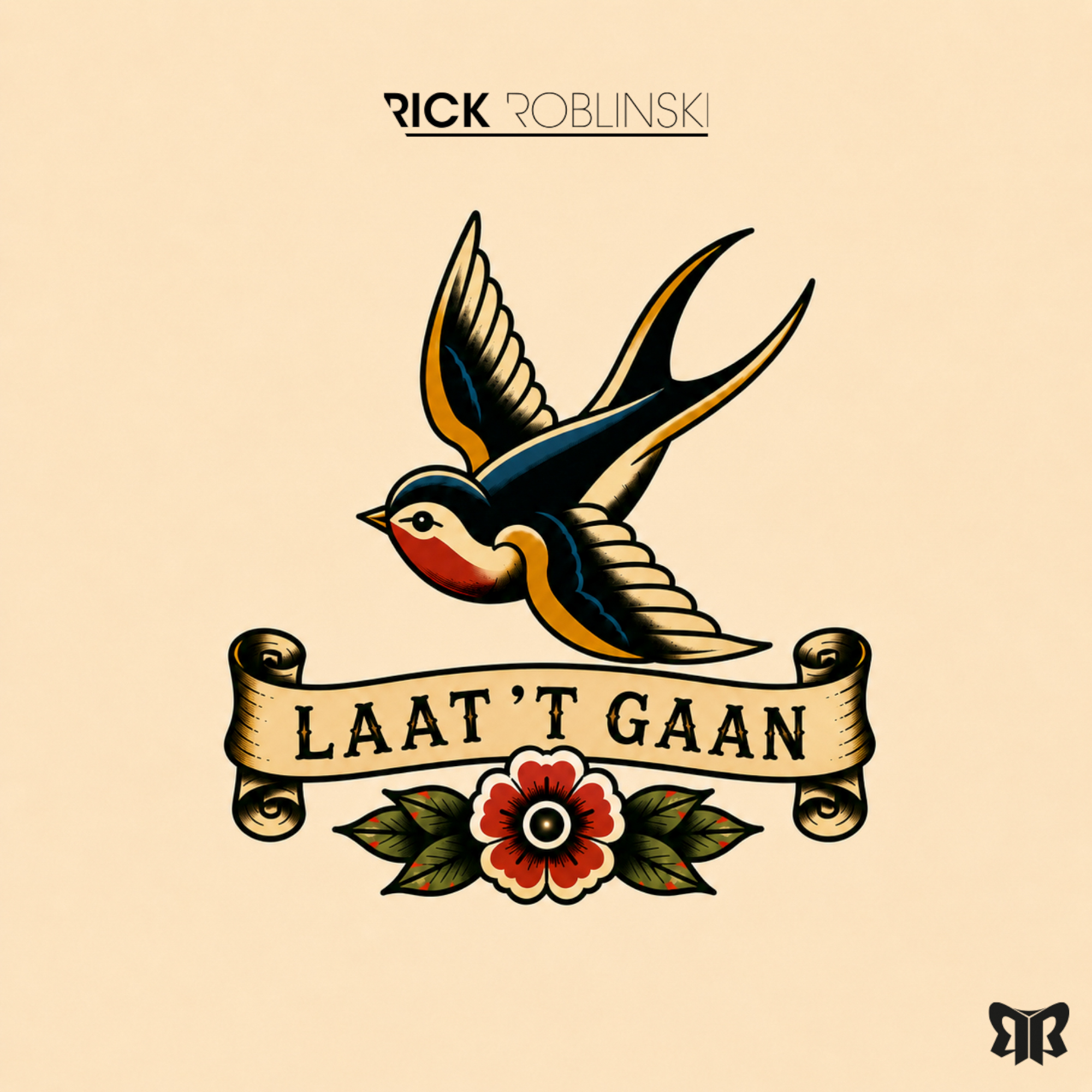 Vintage tattoo-style artwork for Laat 't Gaan, showing a swallow in flight above a flower.