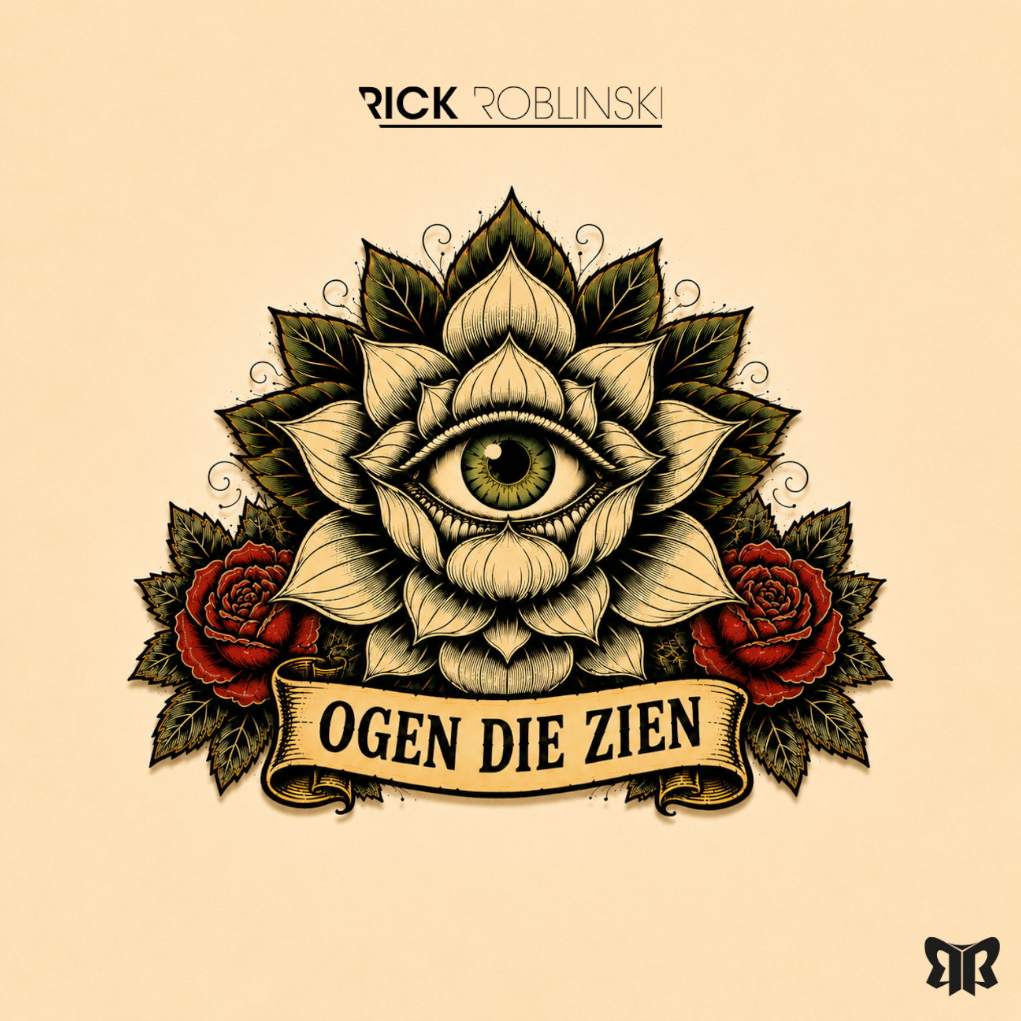 Vintage tattoo-style artwork for Ogen Die Zien, showing an all-seeing eye framed by a flower and roses.